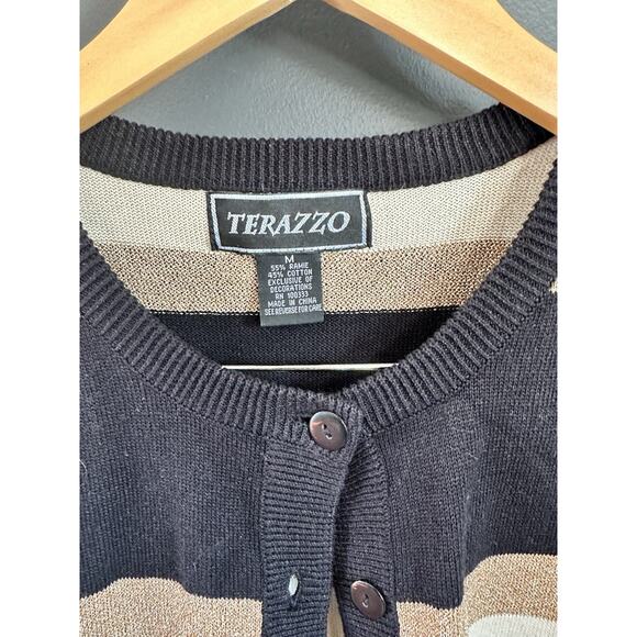 Terazzo Women’s black, beige, and gold striped cardigan with sequined penguins M - Picture 2 of 7